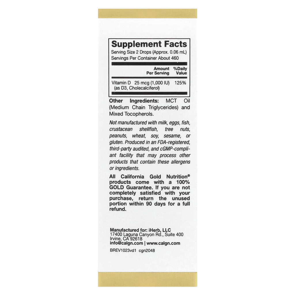 California Gold Nutrition, Vitamin D3, 25 mcg (1,000 IU), 1 fl oz (30 ml)