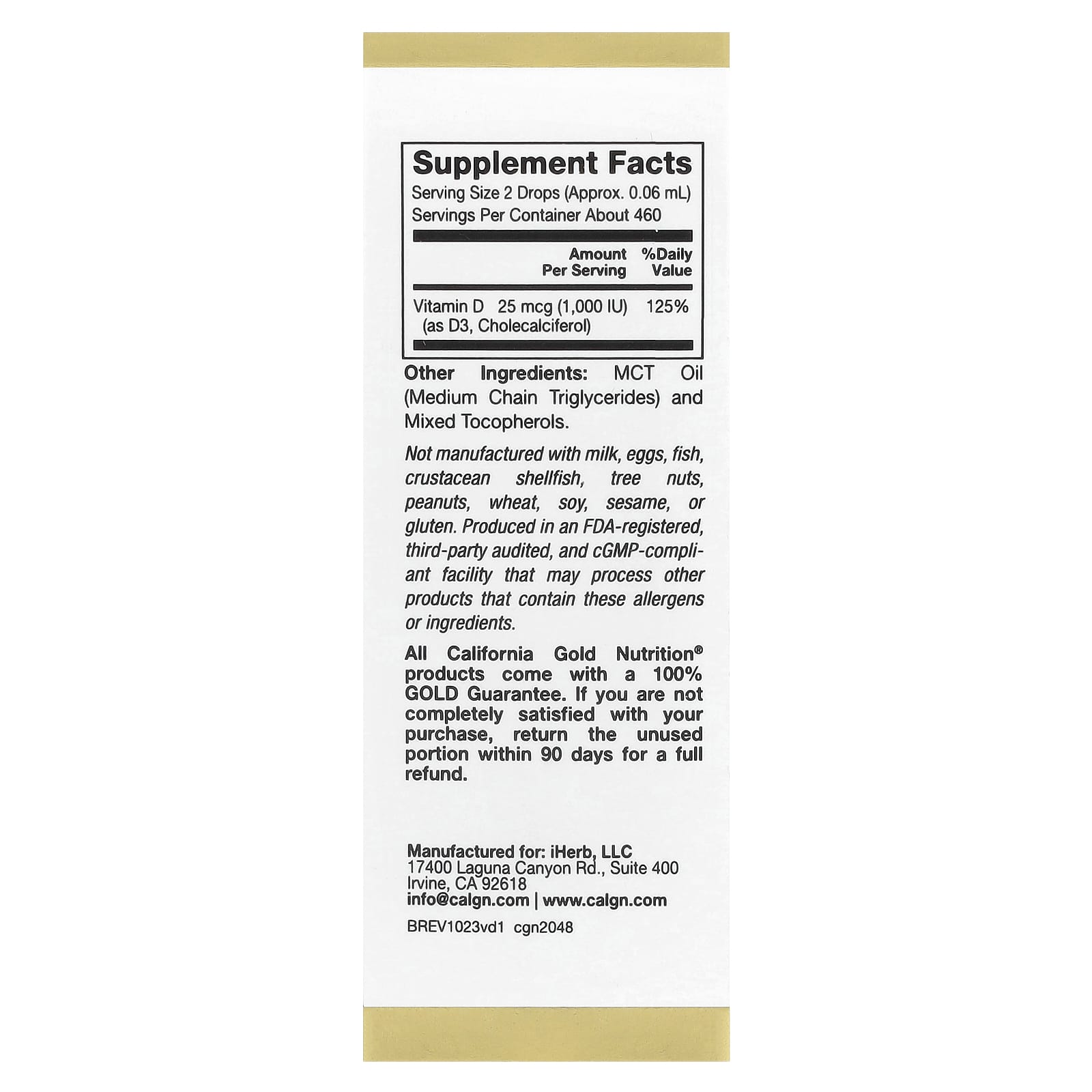 California Gold Nutrition, Vitamin D3, 25 mcg (1,000 IU), 1 fl oz (30 ml)