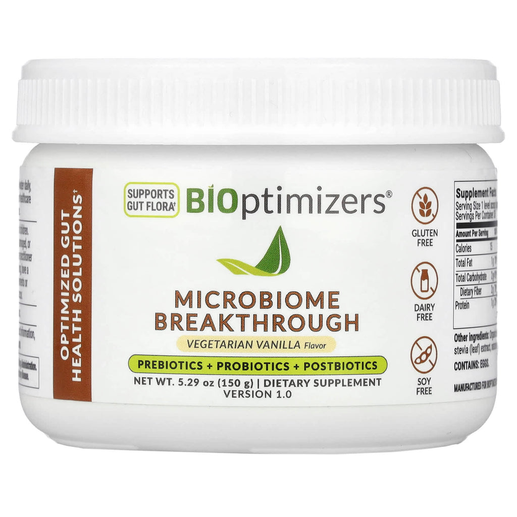 BIOptimizers, Microbiome Breakthrough, Prebiotics + Probiotics + Postbiotics, Vegetarian Vanilla, 5.29 oz (150 g)