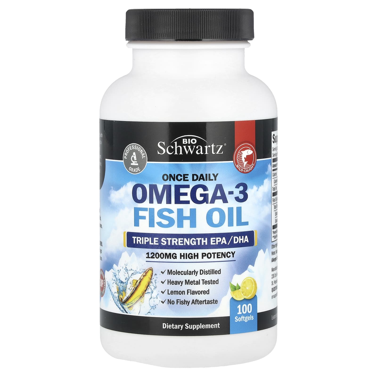BioSchwartz, Once Daily Omega-3 Fish Oil, Triple Strength, High Potency, Lemon, 1200mg, 100 Softgels