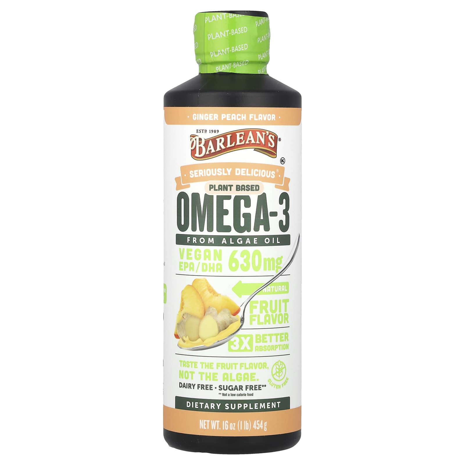 Barlean's, Seriously Delicious®, Plant Based Omega-3 From Algae Oil, Ginger Peach, 630 mg, 16 oz (454 g)