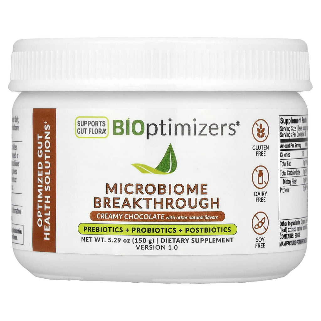 BIOptimizers, Microbiome Breakthrough, Prebiotics + Probiotics + Postbiotics, Creamy Chocolate, 5.29 oz (150 g)