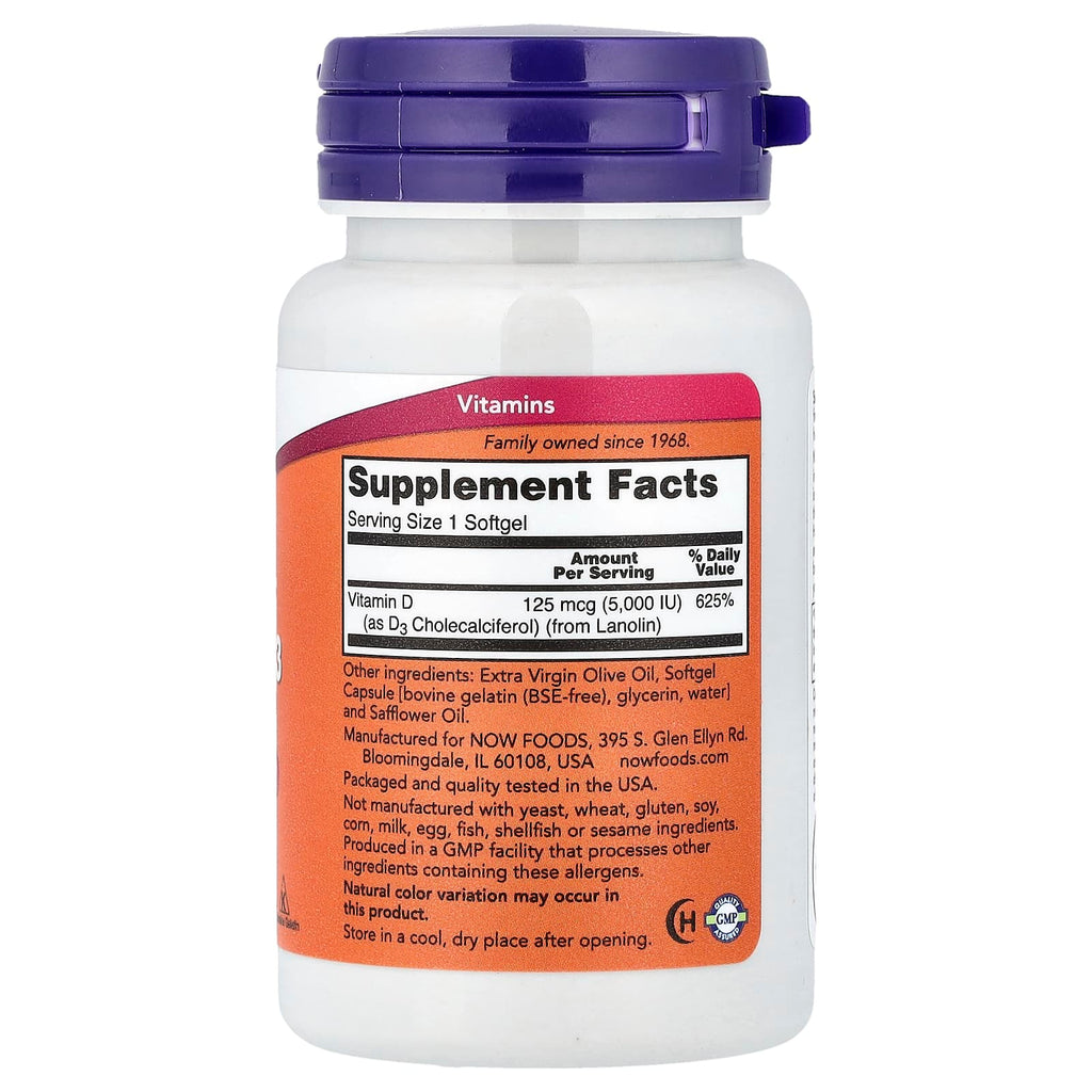 NOW Foods, Vitamin D-3, High Potency, 125 mcg (5,000 IU), 120 Softgels