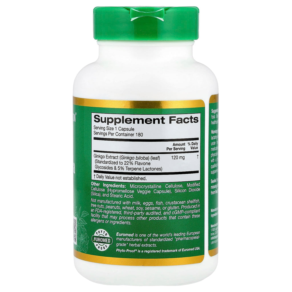 California Gold Nutrition, EuroHerbs®, Ginkgo Biloba Extract, Euromed Quality, 120 mg, 180 Veggie Capsules