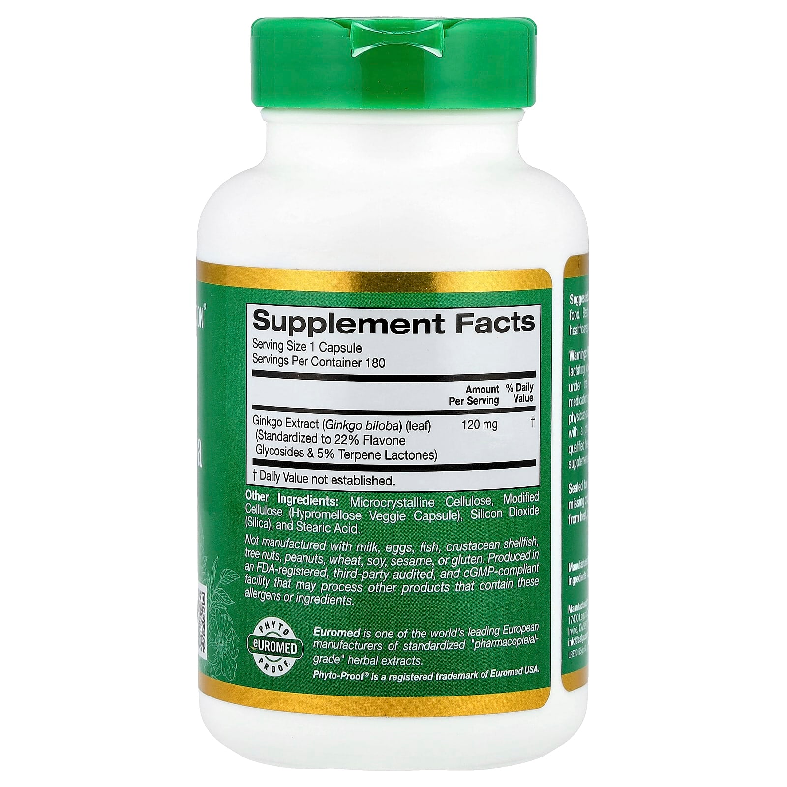 California Gold Nutrition, EuroHerbs®, Ginkgo Biloba Extract, Euromed Quality, 120 mg, 180 Veggie Capsules