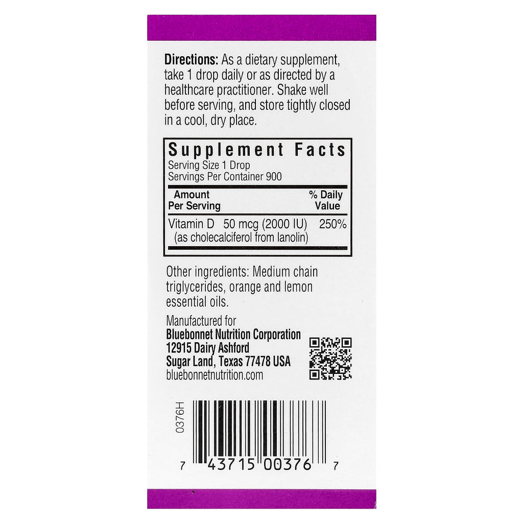 Bluebonnet Nutrition, Liquid Vitamin D3 Drops, Citrus, 50 mcg (2,000 IU), 1 fl oz (30 ml)