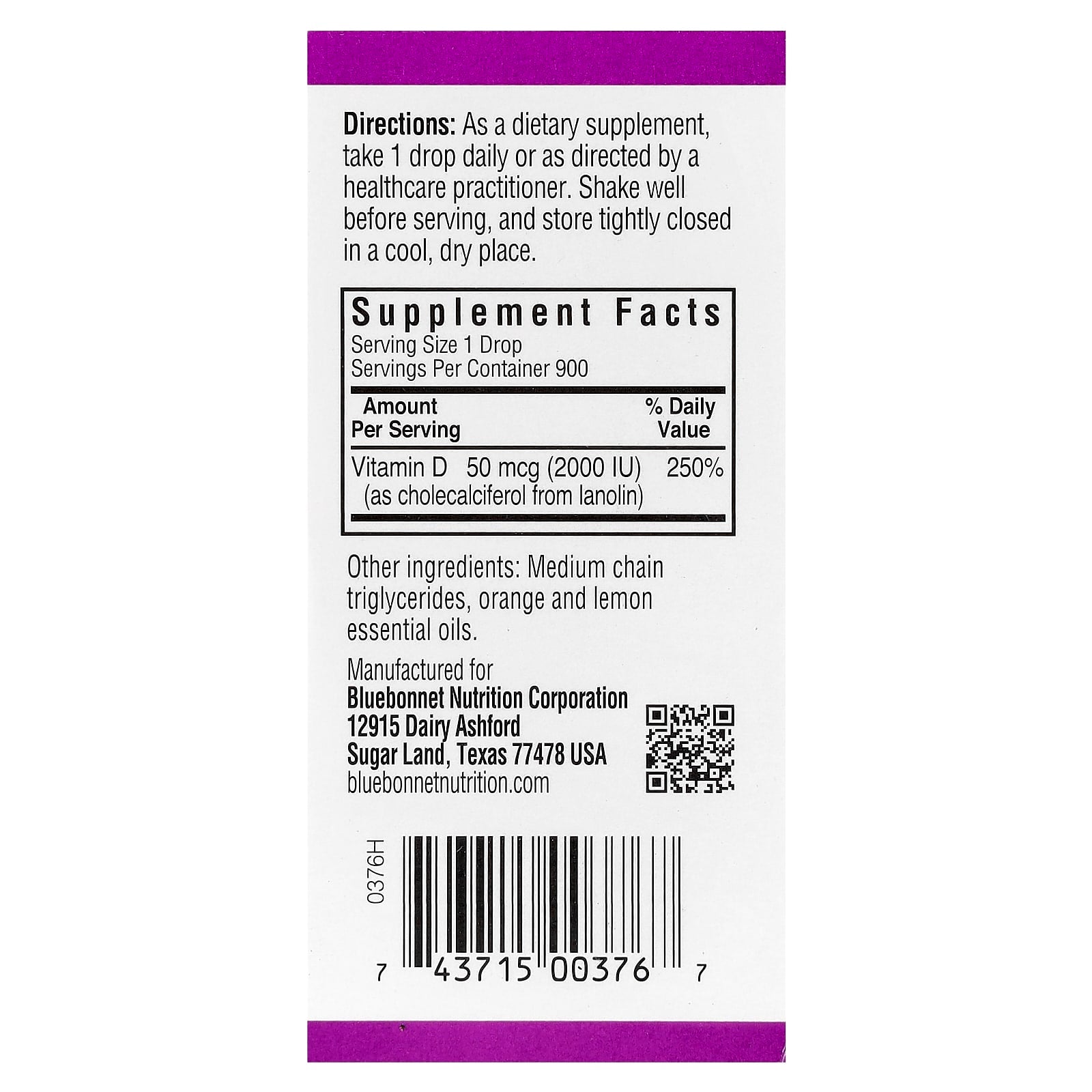 Bluebonnet Nutrition, Liquid Vitamin D3 Drops, Citrus, 50 mcg (2,000 IU), 1 fl oz (30 ml)